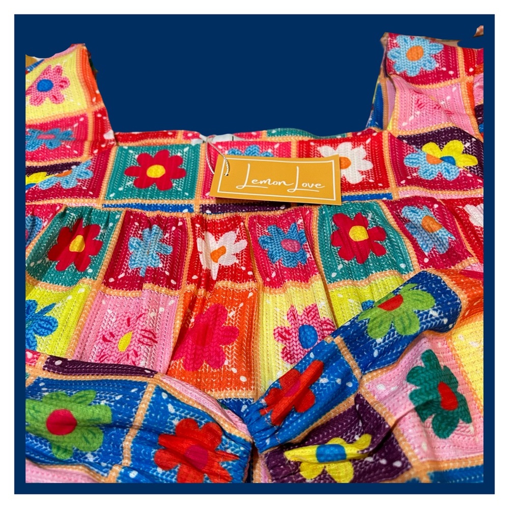 NET!Lemon Love Slightly Stretchy, Size XL, Multi Color Flowers Swing Top Sq Neck - Picture 5 of 11